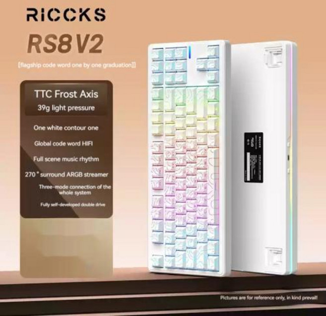 Riccks RS8 V2 Wireless Mechanical Keyboard 3Mode Hot Swap Gasket Low Noise Long Battery Life Dual Dr, 3)White-Frost Switch