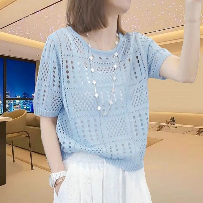라운드넥 코바늘 뜨개질 펜시 디자인 반소매 티셔츠 여성용 여름 얇은 루즈핏 숏탑