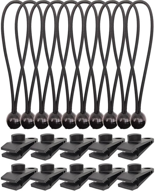ABINLIN 방수 클립 헤비 듀티 그립 세트 40개 텐트용 및 클램프 볼 번지 코드 어닝 캠핑 플라스틱 클립(블랙), 1 Clips 10Pcs 6Inch Ball Bunge