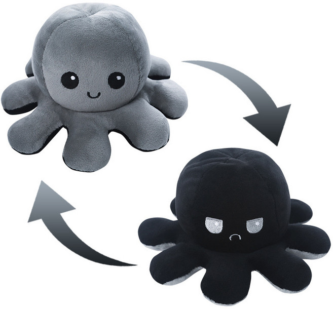 양면 문어 리버시블 인형 감정 반전 기분 표현, 그레이블랙, 13cm, 1개