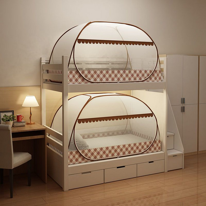 이층침대용 모기장 기숙사 싱글 가정용 학생 사각 텐트, 브라운 체크