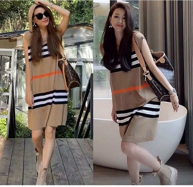 프리티글라라 스트라이프 후드 니트 롱원피스 나시원피스