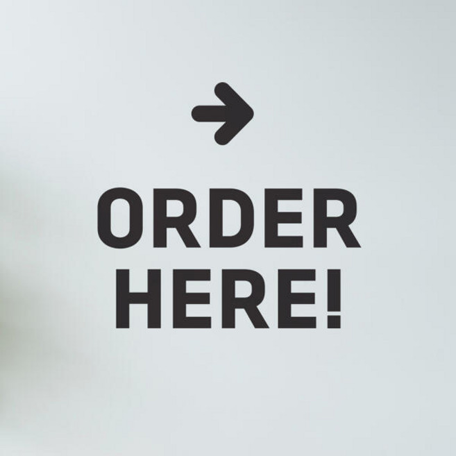 고딕st order here 화살표 주문 표시 음식저 스티커- large, 흰색