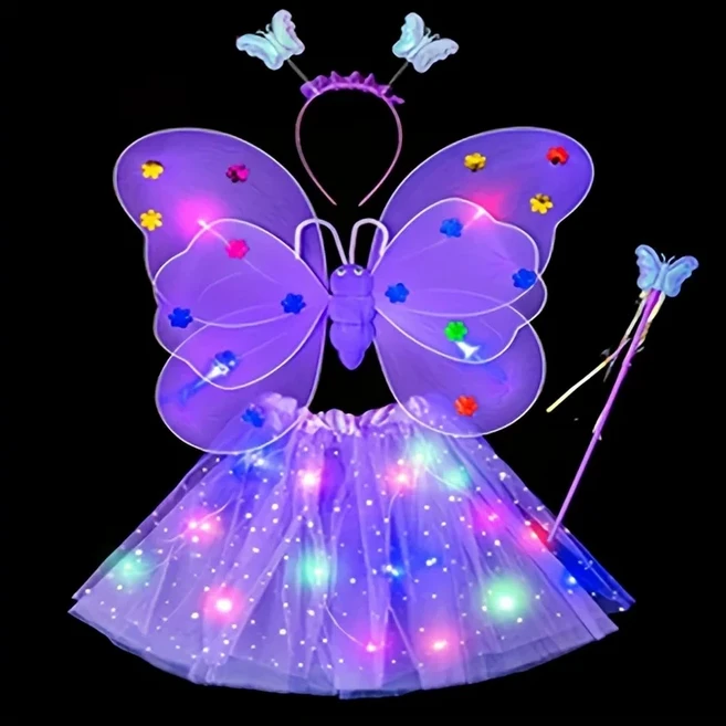 Led 깜박이는 빛 요정 나비 날개 지팡이 머리띠 의상 장난감 반짝 라이트 업 세트 코스프레 생일 파티, 03 Purple