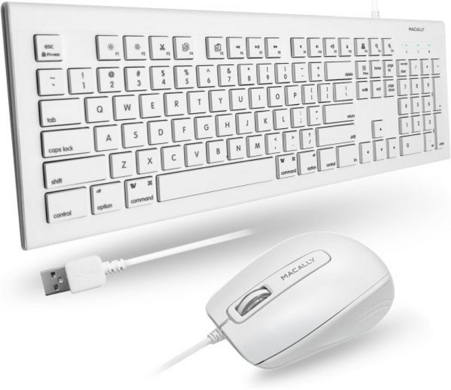 Macally 104키 USB 유선 키보드 및 마우스 콤보 Apple 단축키 포함 - Mac iMac Macbook Windows PC용 MKEYECOMBO 화이트, Keyboard and Mouse