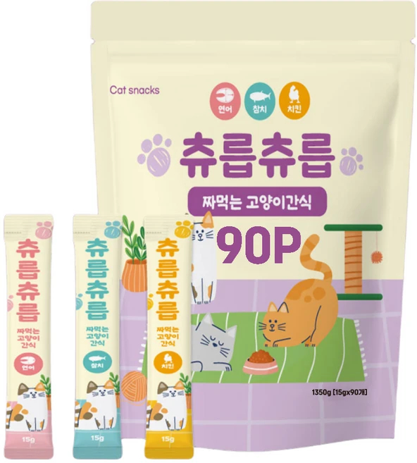 츄릅츄릅 짜먹는 고양이간식 90스틱 혼합팩 헤어볼케어, 치킨 30p+연어 30p+참치30p, 15g, 90개 - 쿠팡