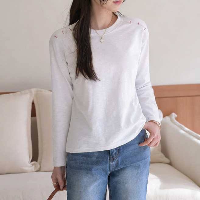 데일리앤 리필 8컬러 여자 기본 슬라브 절개 스티치 얇은 긴팔티셔츠 봄 여름 가을