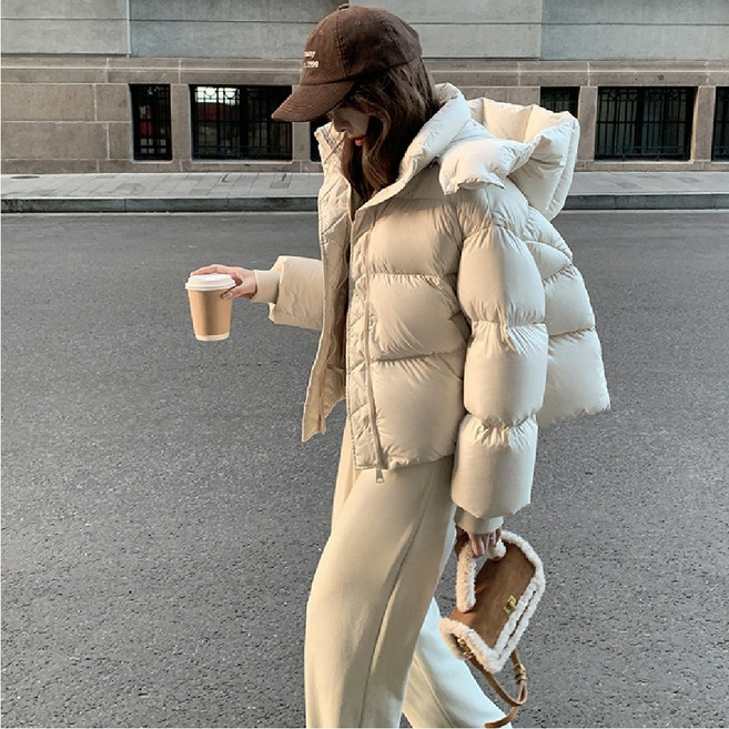 Vinvert 여성 겨울 후드패딩 하이넥 따뜻한 숏패딩 점퍼