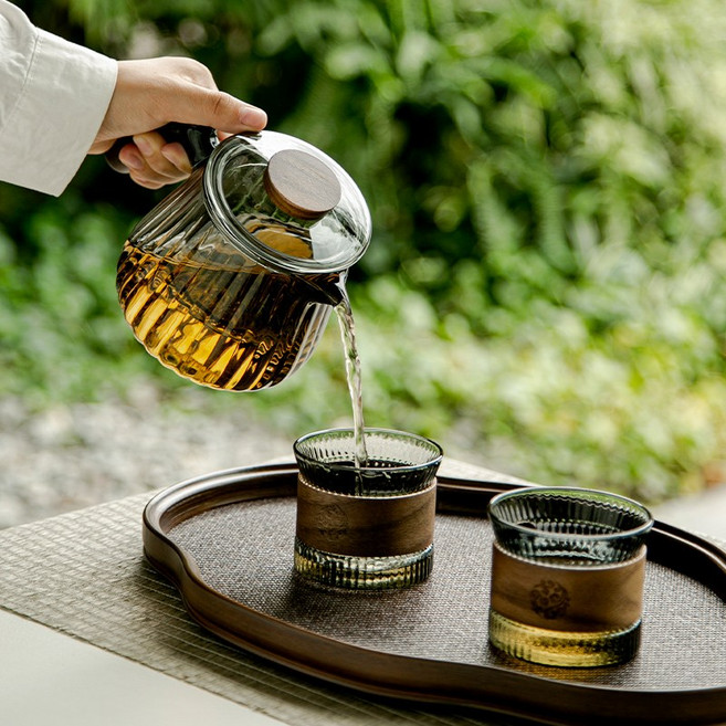 아리나리 호두나무 홈카페 티포트 다도세트 유리 차주전자 찻잔, 그레이, 주전자 + 거름망 + 뚜껑 + 찻잔 2p, 투명, 1세트