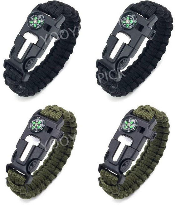 파라코드 생존 팔찌 나침반 파이어스타터 호루라기 캠핑 등산 서바이벌 장비 생존팔찌, 검정 2개+군용 녹색 2개, 1개