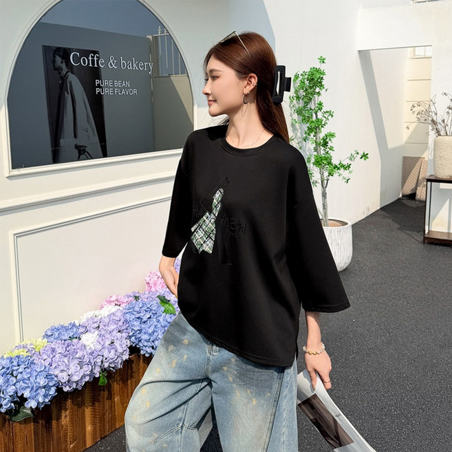 yuviny (유비니 )여성 프린팅 반팔(7부) 티셔츠 루즈핏 오버핏 여름 캐주얼 티 DX0009