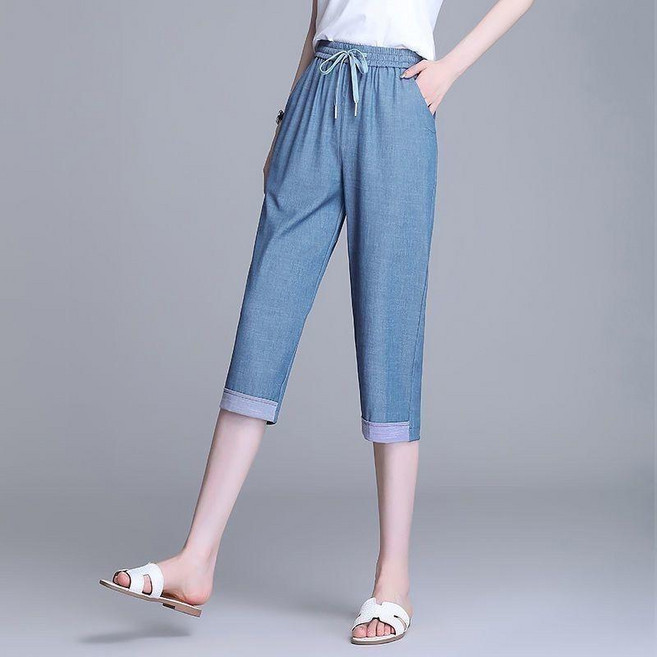 天絲牛仔七分褲 涼感冰感 夏季薄款 寬鬆大碼休閒褲