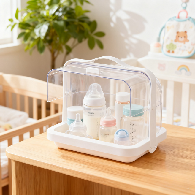 먼지방지 핸들 투명 수납박스 젖병 물컵 물빼기 수납함, 1개, 흰색
