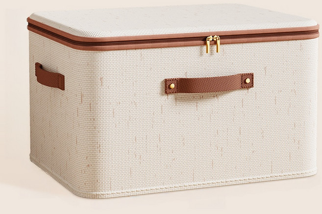 Zebeer 대용량 프리미엄 코튼 리넨 다용도 지퍼 수납함 정리함 2개, 아이보리