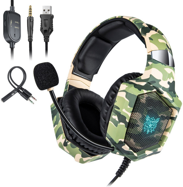 ONIKUMA 유선 게이밍 헤드셋 가상 7.1 usb RGB 노이즈캔슬링 마이크 K8, 밀리터리 그린