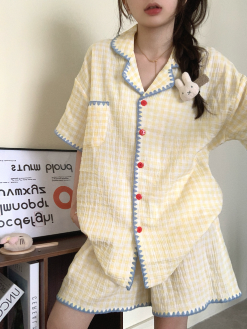 雲朵棉格子短袖睡衣套裝，夏季居家服