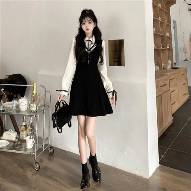 學院風長袖連衣裙女 早秋季新款 氣質收腰顯瘦小個子短裙, 黑色,M, 黑色