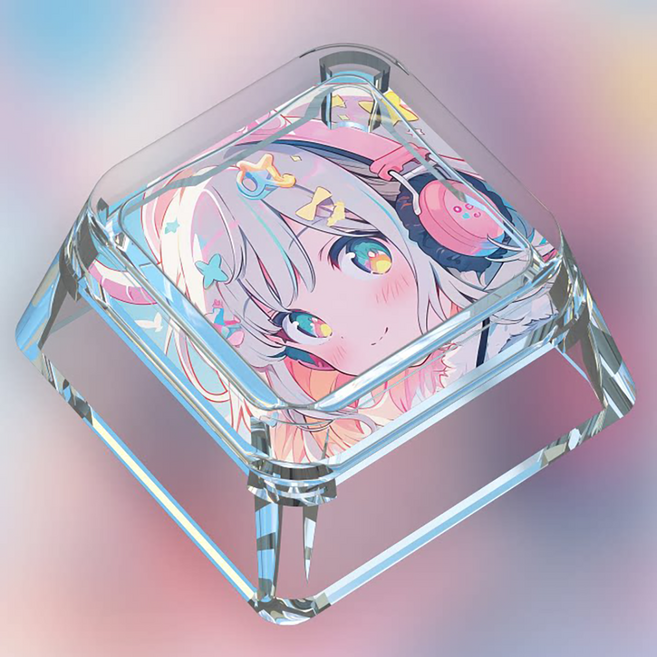 크릿 게이밍 애니메이션 일러스트 투명 포인트 키캡, 핑크 헤드셋