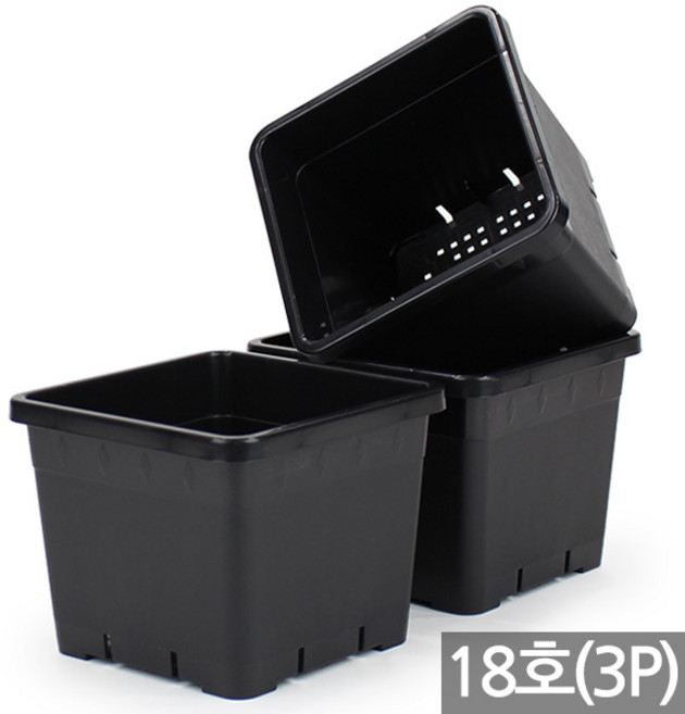 세인화분 국산 플라스틱 사각 화분 3P - 플분 칼라 중형 대형 분갈이 인테리어 홈 가드닝 슬릿분 국내산 정사각 식물 화초 재배 육묘 원예, 3개, 사각화분 블랙(18호)
