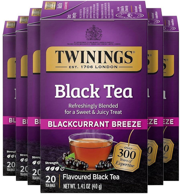 Twinings 디카페인 잉글리시 브랙퍼스트 홍차 티백 50개입 6개 팩, 블랙커런트 브리즈, 20개(6개입), 500ml