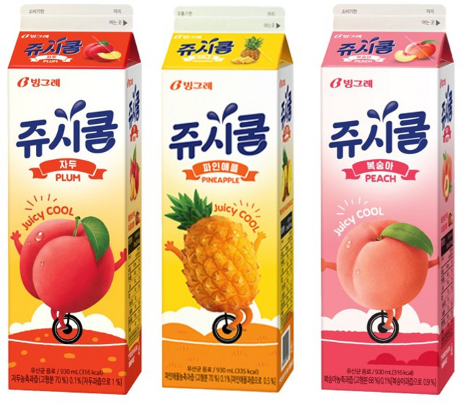 빙그레 쥬시쿨 3종 930ml 복숭아2+자두2+파인애플2/냉장무배