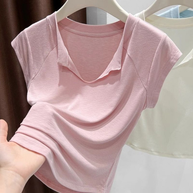 VEZRI 여성 여름 얇은 소재 V넥 반팔 티셔츠 슬림핏 허리라인 잡아주는 부드러운 터치