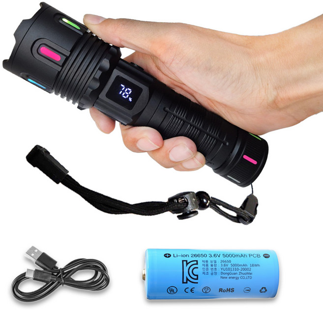 괴물밝기 1.2km LED 손전등 충전식 후레쉬 초 대용량 해루질 캠핑 등산 써치, 1개, 블랙