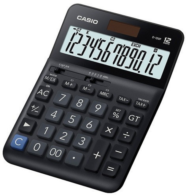 CASIO 卡西歐 商用計算機 D-120F 雙電源 12位數, 黑色, 1個
