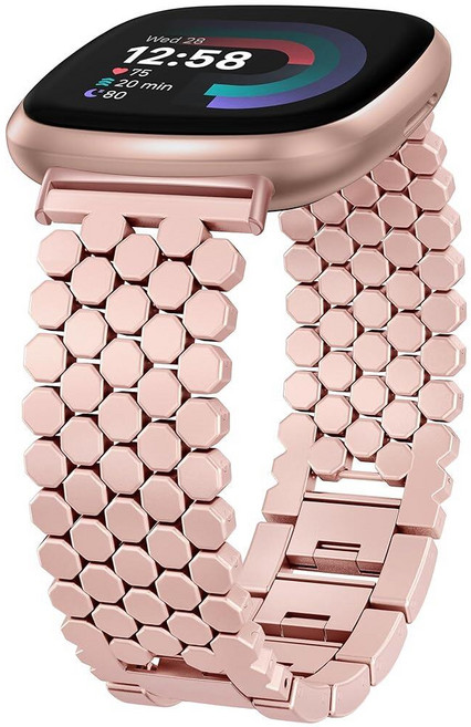 Minyee Fitbit Versa 4/Sense 2/Versa 3/Sense 밴드와 호환되는 메탈 밴드 여성용 드레시 스테인리스 스틸 실버 벌집 디자이너 스타라이트 링크 팔, 핑크 골드