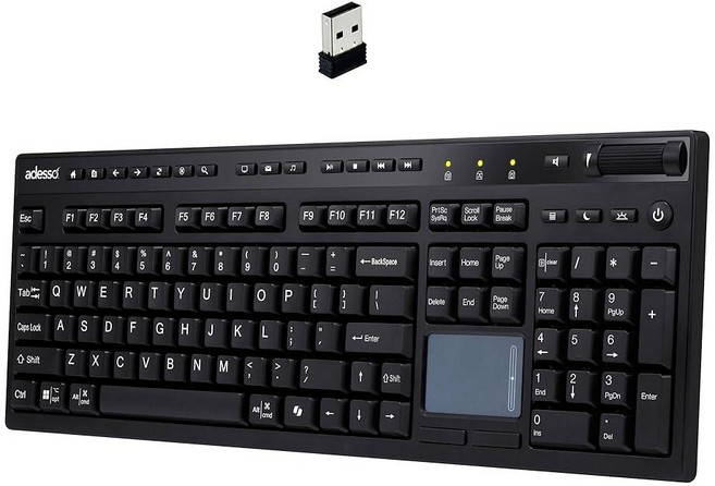 Adesso 터치패드가 있는 무선 키보드 104 키 풀 사이즈 USB 동글 수신기 멀티 OS 지원 맥 시스템 및 멀티미디어 핫키 볼륨 컨트롤 스크롤 휠 포함 WKB-4450, 일반형