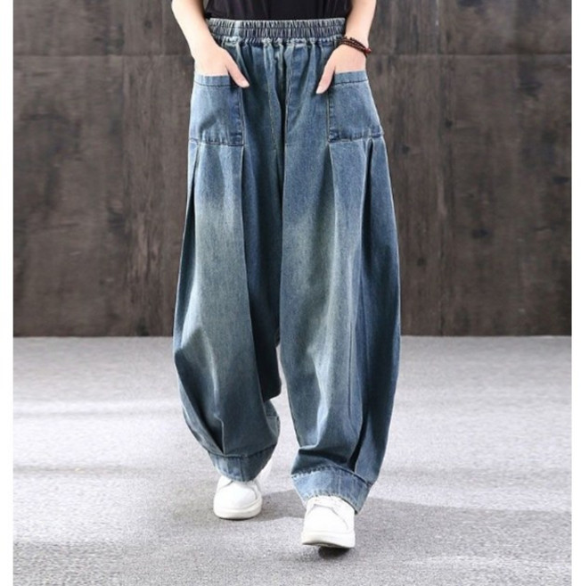 다중성 여성 빅 사이즈 워싱 와이드 데님 팬츠