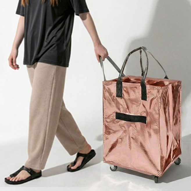 NABIYA 접이식 롤링 카트 대용량 대형 쇼핑 장바구니 제니 타포린백 캠핑 가방, 1개, 로즈골드