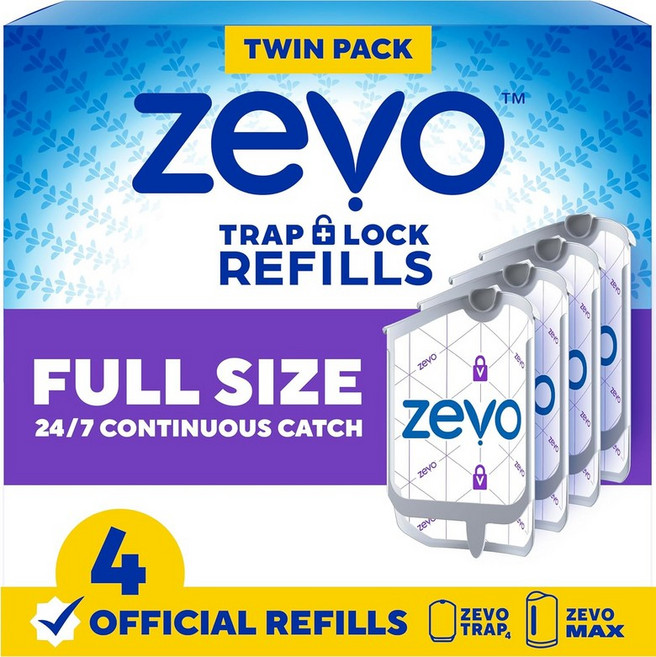 Zevo 플라잉 곤충 트랩 공식 리필 카트리지 - 트랩과 MAX 실내 파리 모두에 적합 모기 집 과일 파리를 잡을 수 있는 정통 트랩+잠금 기술공식 4개, 4 Refill