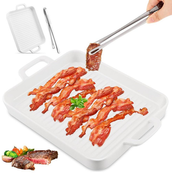 세라믹 베이컨 베이킹 트레이 24cm(9.5인치) 스테인리스 스틸 한국 BBQ 그릴 집게 다기능 스퀘어 베이킹 트레이 전자레인지 베이컨 쿠커 몇 분 안에 바삭한 베이컨, 세라믹 베이컨 베이킹 트레이, 24cm(9.5인치) 스