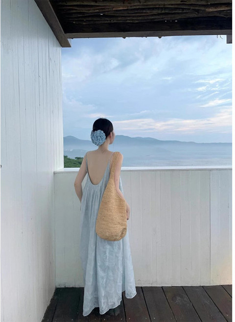 DIU 露背吊帶連衣裙女夏季高級感氣質寬鬆海邊度假提花長裙子, XL(118-130斤)