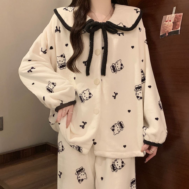 반반 파자마 여 가을 겨울 플란넬 도톰 코랄 캐시미어 달콤 보온 여성 파자마 루즈핏 홈웨어