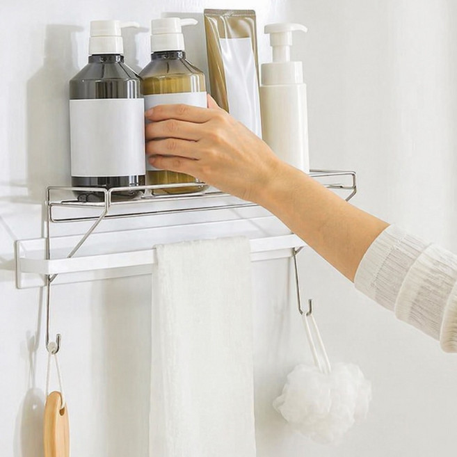레오큐 수건걸이 위 거치선반 무타공 스텐 거치대, 실버, 1개