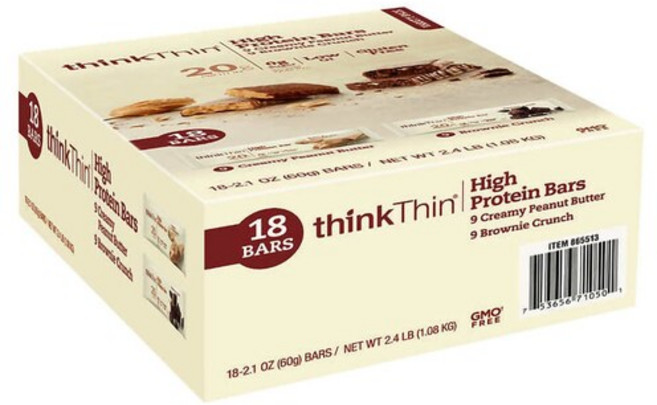 Think Thin 하이 프로틴 바 피넛 버터 브라우니 60g x 18바 단백질 에너지바, 18팩