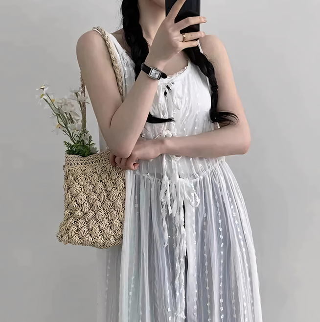 쪼예 청순 홍대룩 시스루 리본 레이스 레이어드 롱 나시 원피스