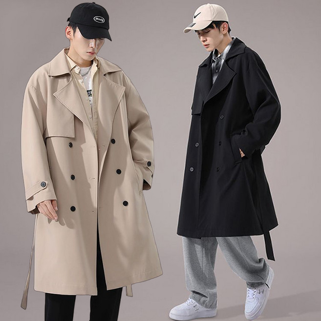 AOUGK 남성 더블 트렌치코트 심플 캐주얼 카라 롱 자켓 데일리 점퍼 코트 빅사이즈 아우터