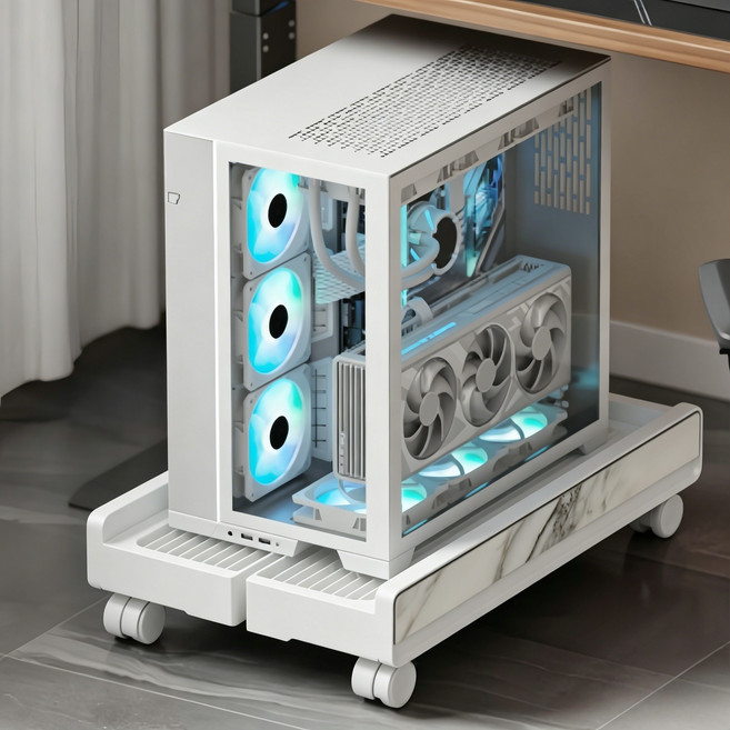 폭 조절 가능 컴퓨터 본체 받침대 이동식 PC 캐리어 거치대 바퀴형, 1개, 하얀색