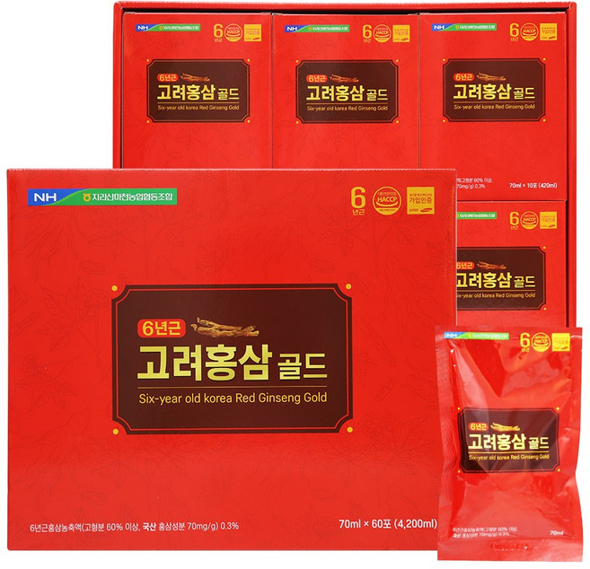 지리산마천농협 6년근 고려홍삼골드 70ml 60포 (쇼핑백 포함), 2박스, 4.2L