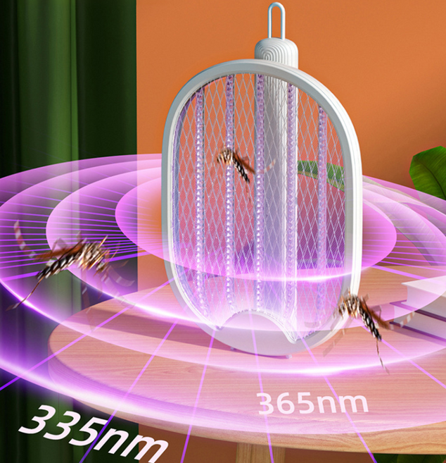 [1+1] 카이뉴인 접이식 LED 유인살충 듀얼기능 3중 구조 안전 USB 충전식 전기 모기채, 화이트