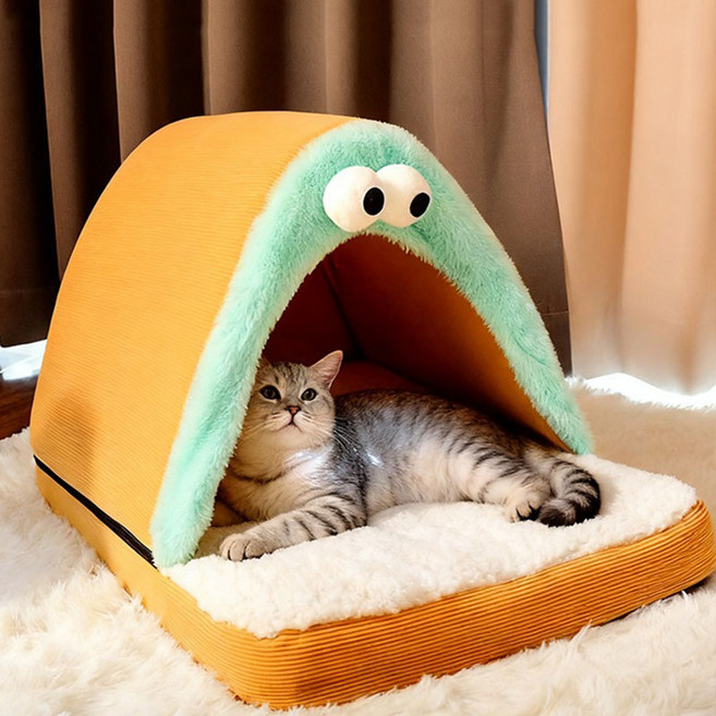 Tinduo 겨울 보온 극세사 반려동물 하우스 아치형 텐트 침대 스펀지매트 포함 강아지 고양이 숨숨집, 1개, 등황색