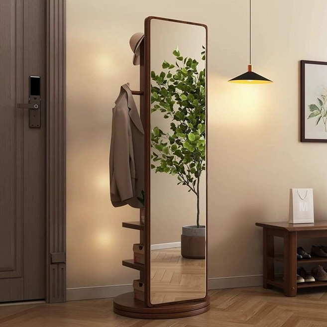 다기능 전신거울 스탠드 아치형 대형 거울 360도 회전 겸용 옷걸이행거 미러, 갈색 나무색