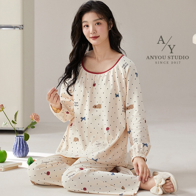 ANYOU 여성용 순면 잠옷 홈웨어 오버사이즈 편안한 상하의 세트