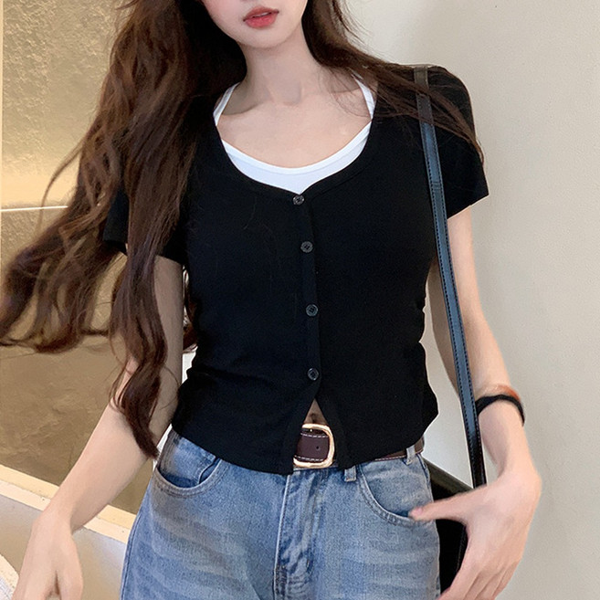 cammello 끈나시 레이어드 반팔 크롭 티셔츠 골지 반팔 가디건 크롭티