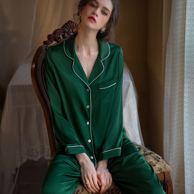 蠶絲睡衣套裝女 長袖長褲兩件套桑蠶絲簡約家居服, 1個, 祖母綠XL