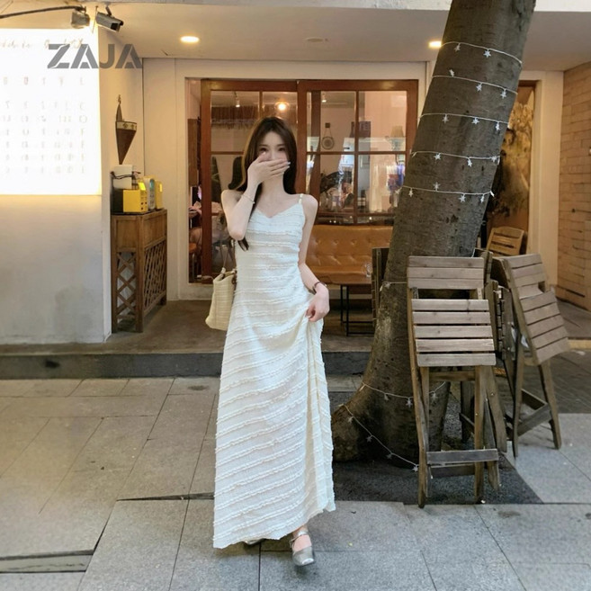 ZAJA 여성 부드러운 브이넥 기질 나시 롱 원피스