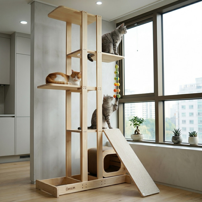 더따슴 국내제작 DIY 대형 원목 180cm 높은 캣타워 5단, 크림, 1개